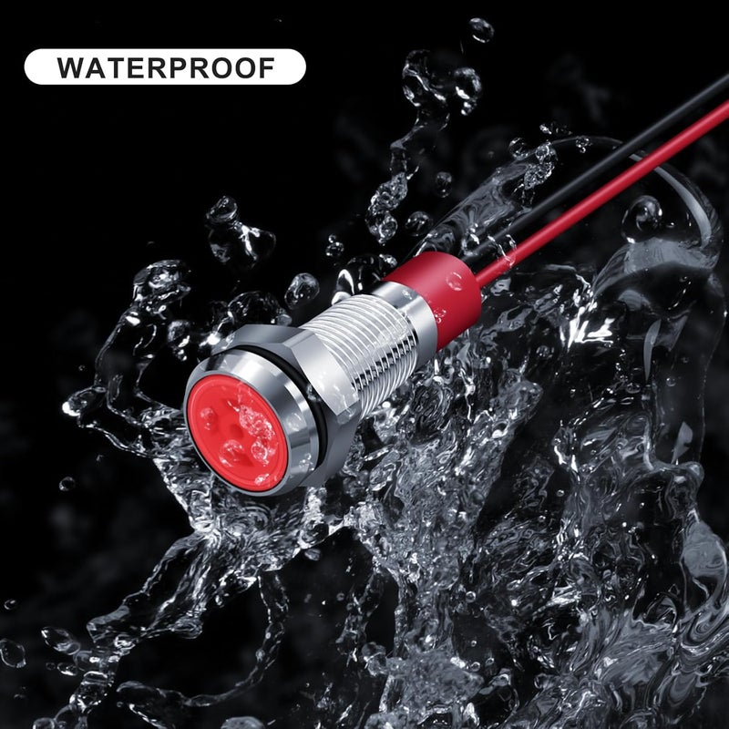 FICOLPO 10 قطع ضوء مؤشر معدني LED مقاوم للماء، 12-24 فولت 1/4 بوصة ثقب تركيب موصل مسبق الأسلاك لإشارة الطيار للسيارات والشاحنات والقوارب والبحرية ولوحة العدادات والكهرباء الصناعية (أحمر، 8 مم) - Image 2